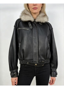 ladies pu jacket with wool collar 26-5